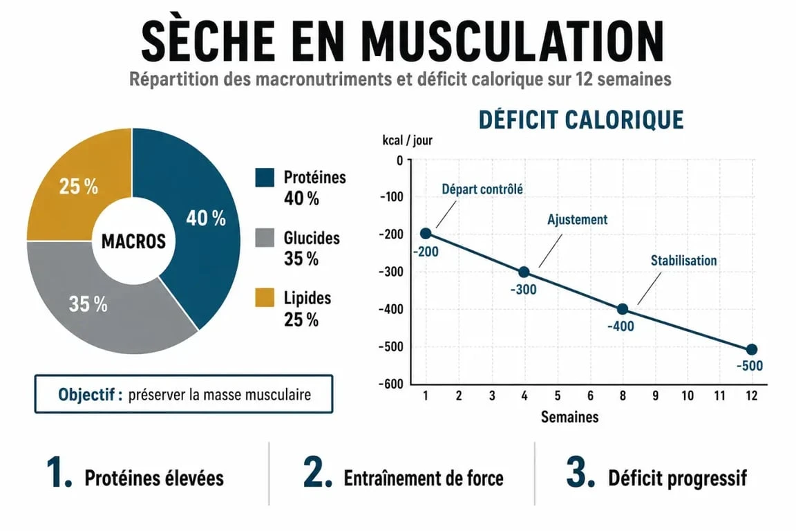 Infographie explicative sur les piliers nutritionnels et la gestion du déficit calorique pour réussir sa sèche en musculation.
