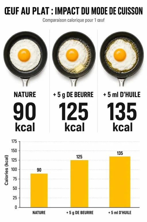 Infographie comparant les calories d'un œuf au plat selon la matière grasse utilisée pour la cuisson