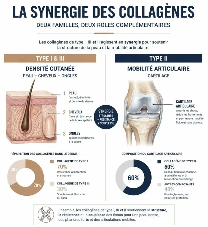 Infographie sur les bienfaits du collagène Nutri & Co : types I, II et III pour la peau et les articulations.