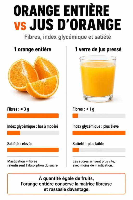 Infographie comparative : bienfaits de l'orange entière vs jus d'orange pour la perte de poids