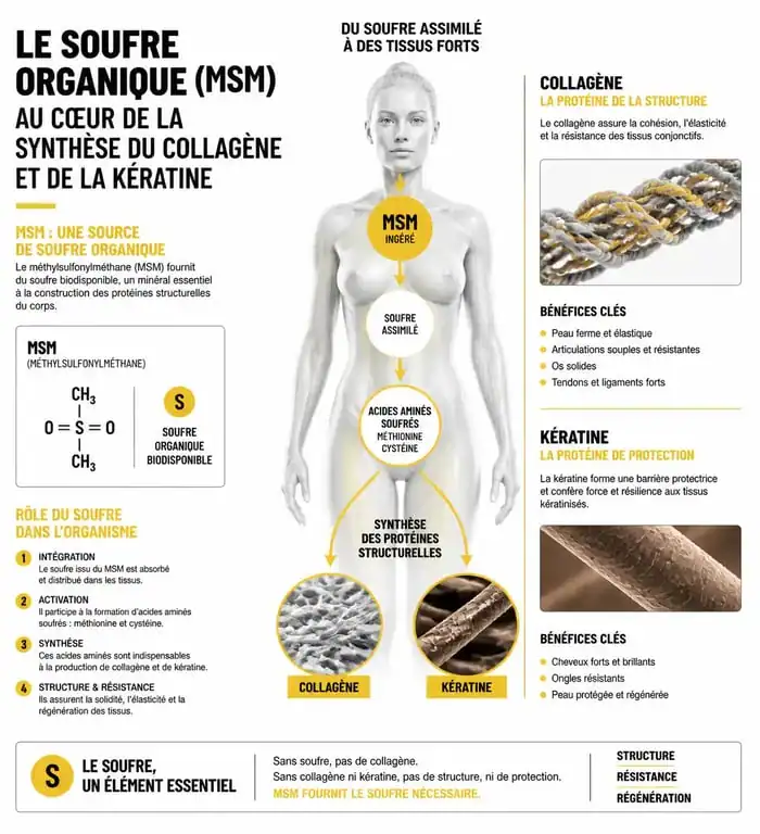 Infographie sur les bienfaits du MSM et le rôle du soufre organique dans la santé des articulations et des tissus