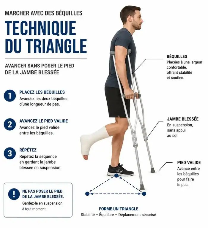 Technique du triangle pour marcher avec des béquilles sans poser le pied