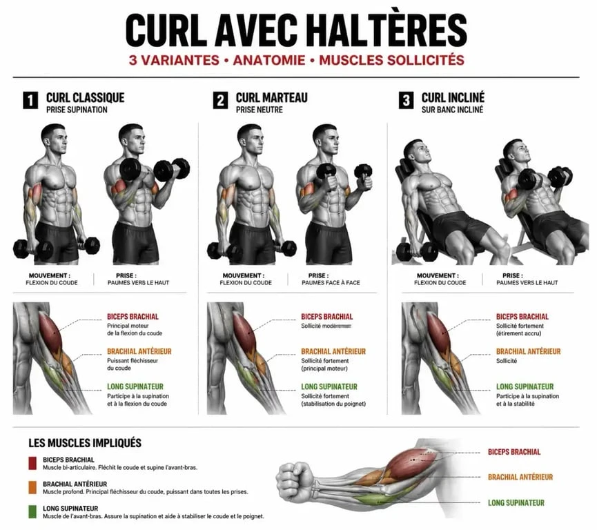 Schéma technique des exercices de biceps avec haltères pour la musculation