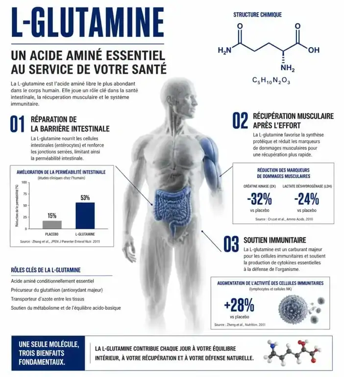 Infographie des bienfaits de la L-glutamine en poudre pour la santé intestinale et musculaire