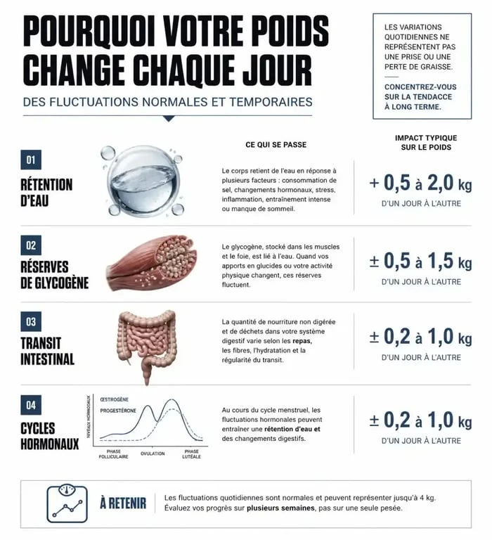 Infographie expliquant pourquoi le poids fluctue chaque jour : rétention d'eau, hormones et alimentation, pour mieux comprendre si se peser tous les jours fait grossir.