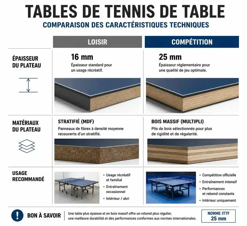 Infographie comparative des caractéristiques techniques pour choisir sa table de tennis de table