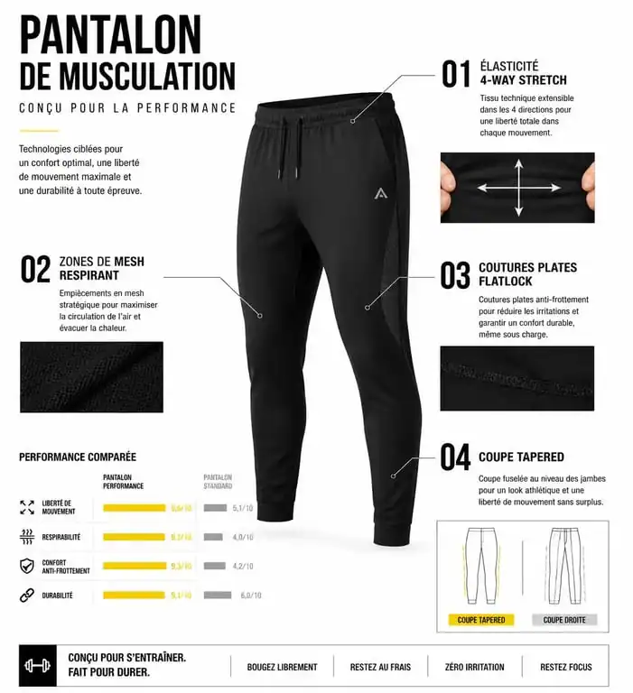 Infographie des caractéristiques techniques d'un pantalon de musculation pour l'entraînement