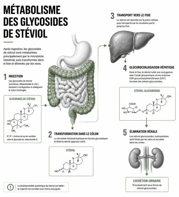 Infographie expliquant le métabolisme de la stévia et son innocuité pour le foie