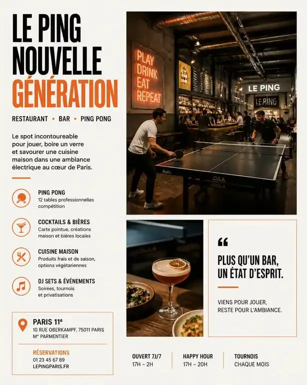 Ambiance intérieure du Gossima Ping Pong Bar à Paris avec tables de ping-pong et espace bar