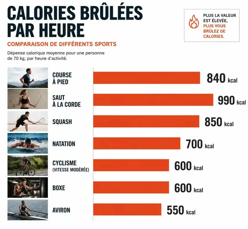 Infographie comparative des calories brûlées par heure selon le sport pratiqué pour perdre du poids