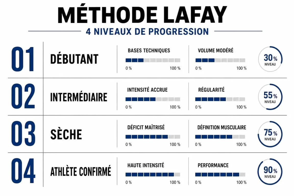 Infographie des niveaux de progression de la méthode Lafay pour la musculation au poids du corps