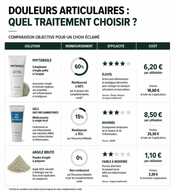 Infographie comparative des solutions pour douleurs articulaires et remboursement du Phytargile