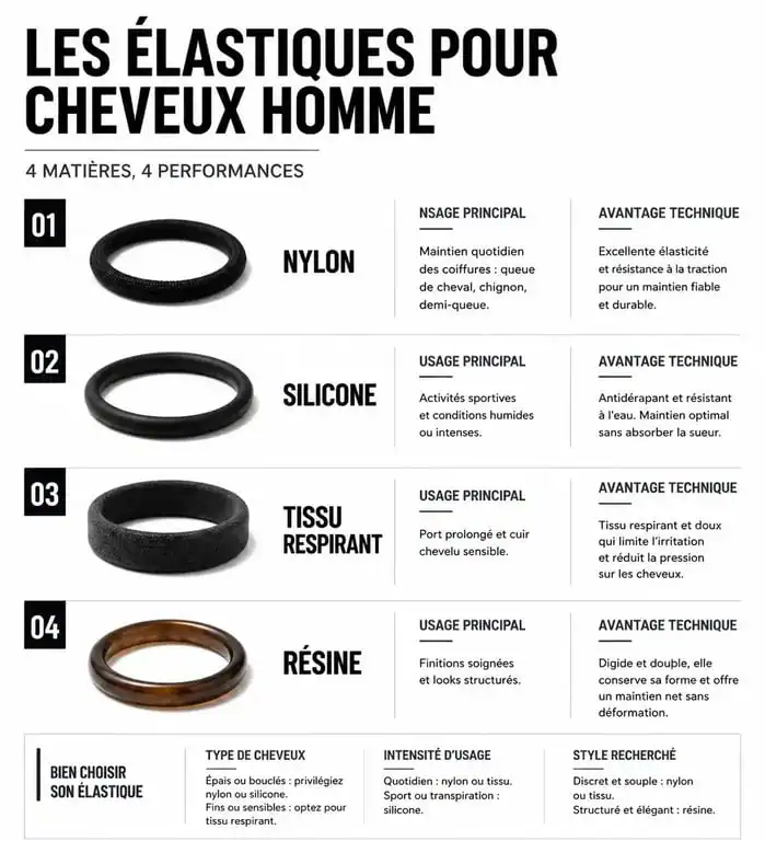 Infographie comparative des types d'élastiques cheveux homme : nylon, silicone, tissu et résine pour choisir le bon accessoire.