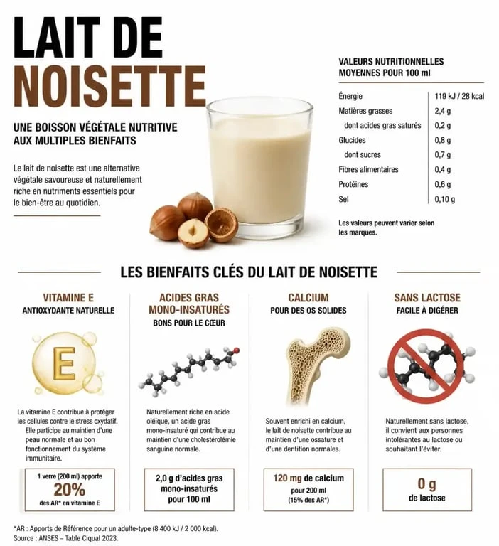 Infographie des bienfaits du lait de noisette : nutriments, vitamines et avantages pour la santé.