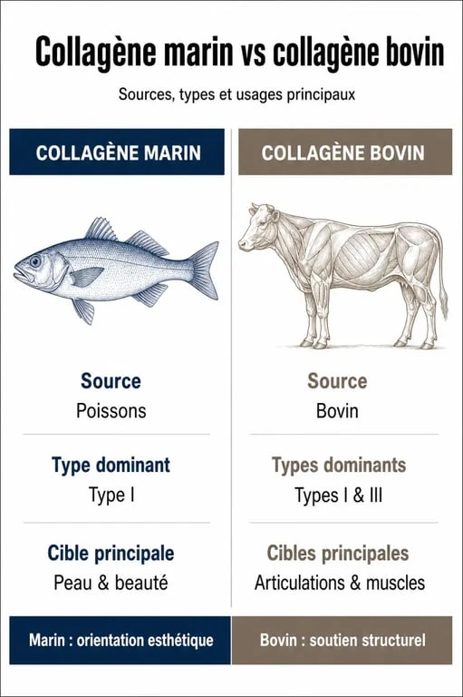 Infographie comparative des différences entre collagène marin et collagène bovin pour la supplémentation