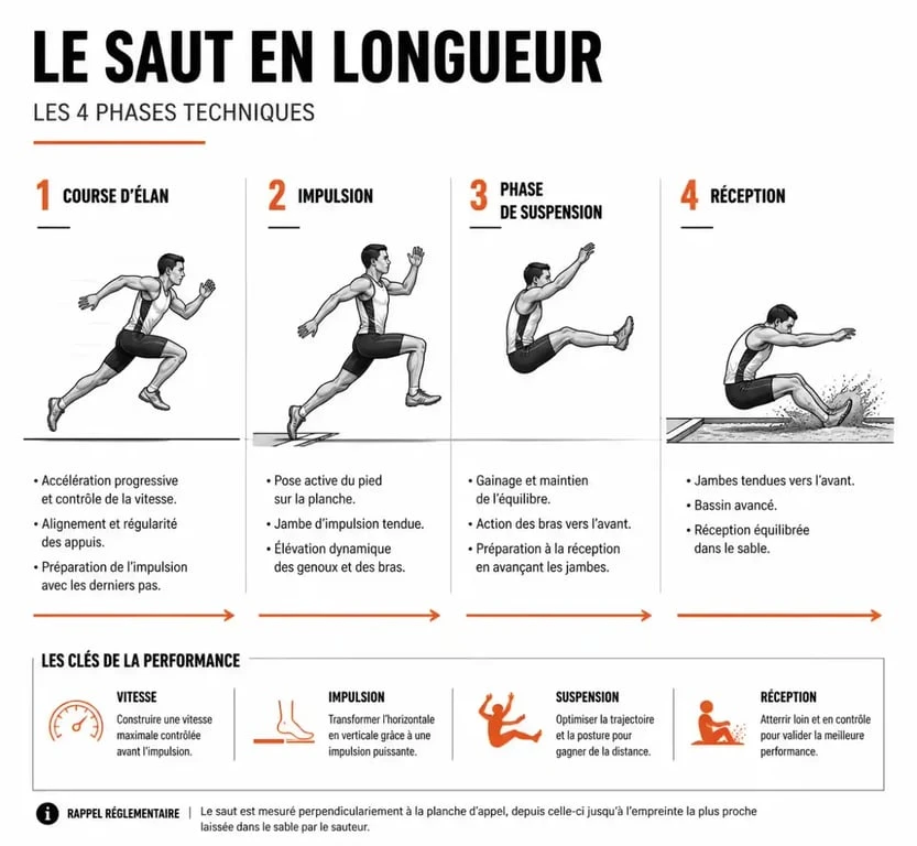 Schéma technique des quatre phases du saut en longueur en athlétisme