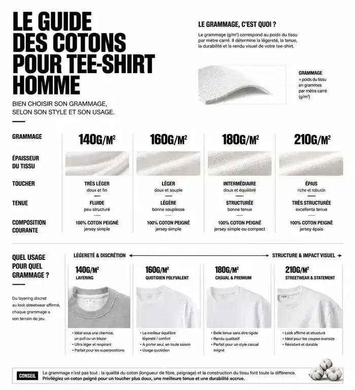 Infographie comparative des grammages et usages pour un tee-shirt blanc homme manche longue