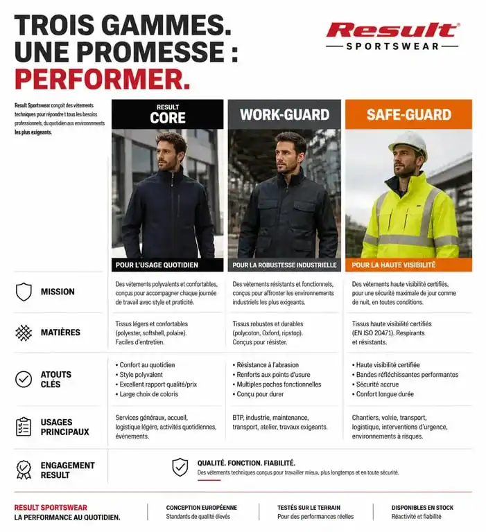 Infographie comparative des gammes de vêtements techniques Result Sportswear : Core, Workguard et Safe-Guard.