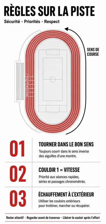 Infographie des règles de sécurité et de savoir-vivre sur une piste d'athlétisme ouverte au public