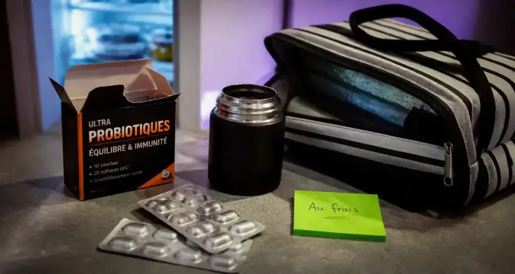 Ergyphilus Intima pas au frigo : boîte probiotique près d’un frigo