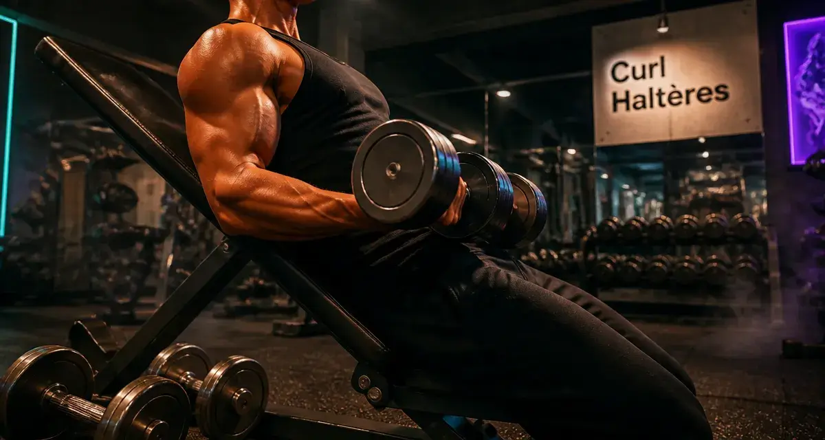 Exercice bicep avec haltere : curl incliné en salle de sport