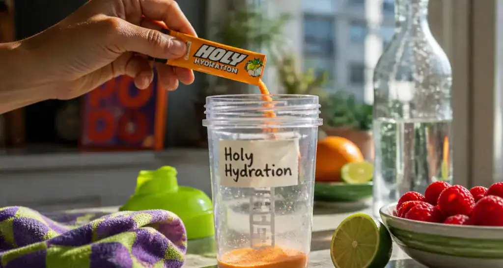 holy hydratation poudre orange dans shaker