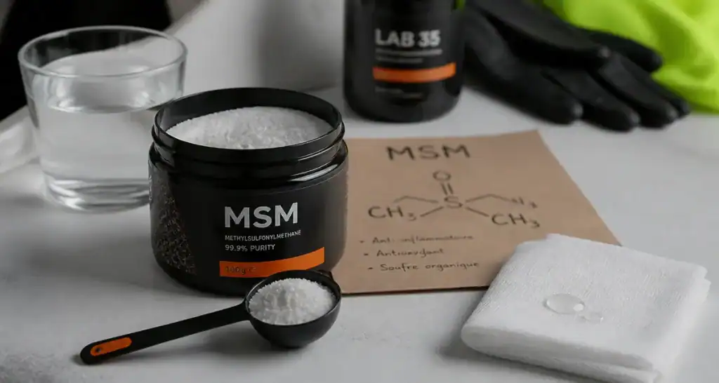 methyl sulfonyl methane msm : poudre MSM et complément de soufre organique sur table