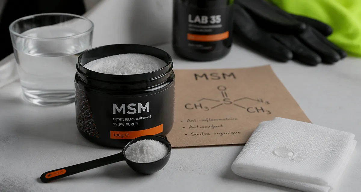 methyl sulfonyl methane msm : poudre MSM et complément de soufre organique sur table