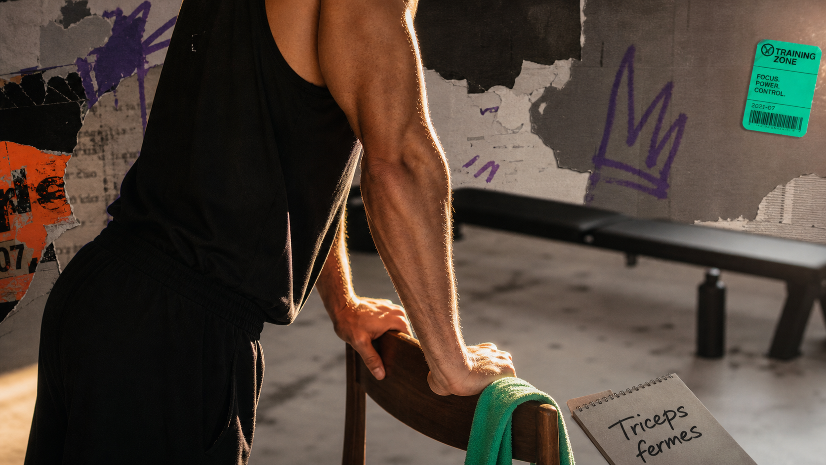 Muscle sous les bras : triceps fermes, homme en salle de sport