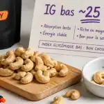 Noix de cajou et diabète : IG bas ~25, 30 g