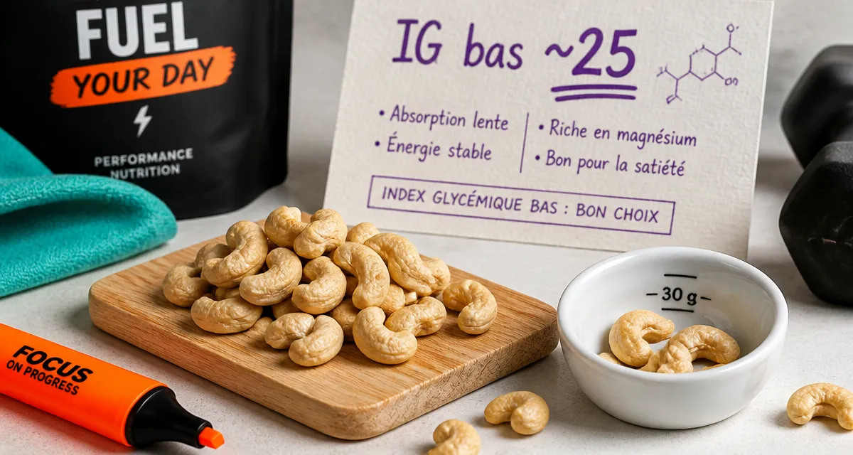 Noix de cajou et diabète : IG bas ~25, 30 g