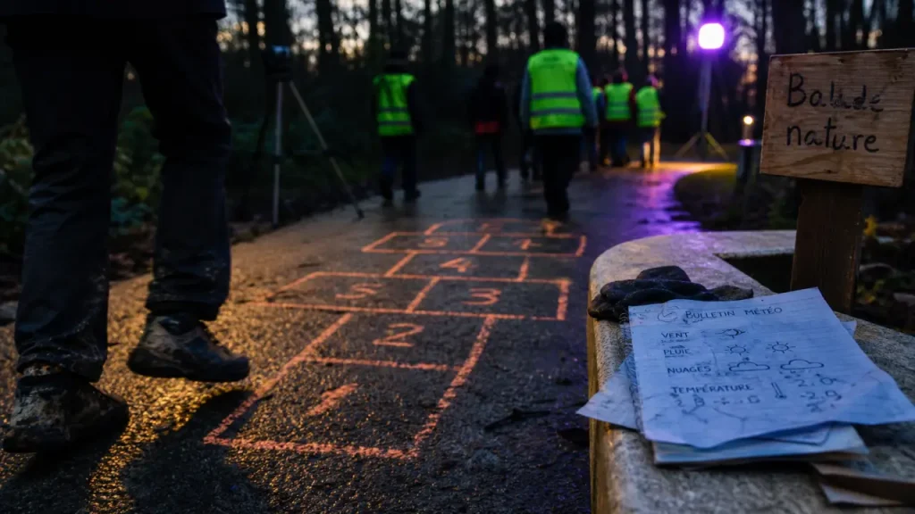 Activité extérieur : balade nature et jeu de marelles sur bitume noir