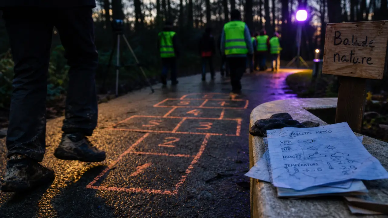 Activité extérieur : balade nature et jeu de marelles sur bitume noir