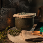 Tisane de thym fumante, brins de thym et cuillère en bois, pour toux et digestion