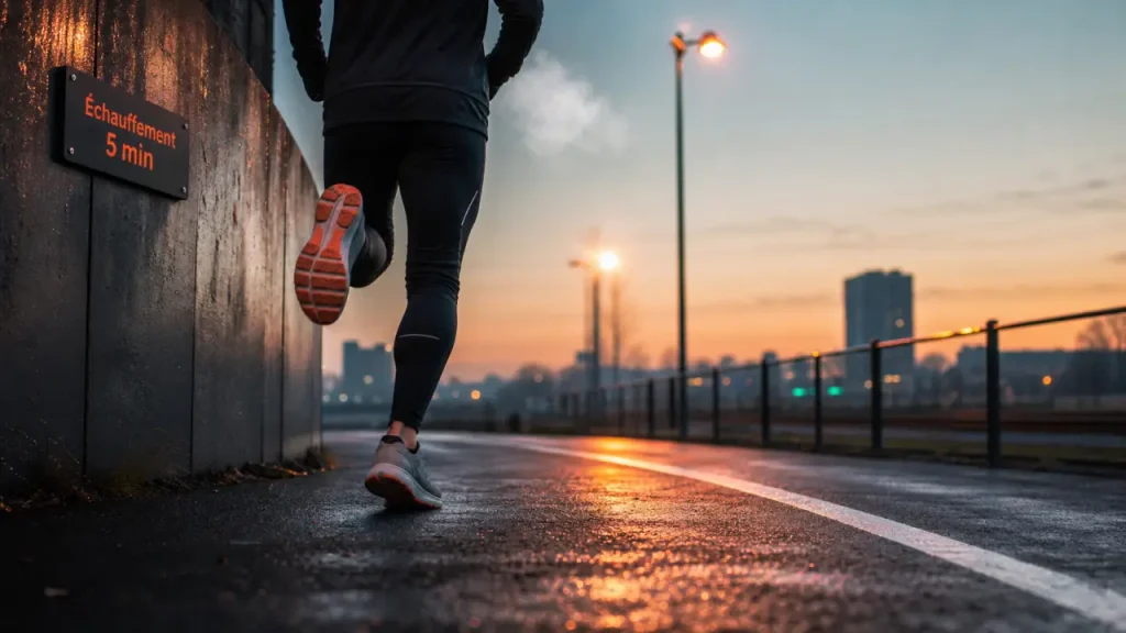 Échauffement course à pied : départ sans sprint, chaussures sur asphalte humide
