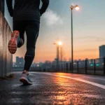 Échauffement course à pied : départ sans sprint, chaussures sur asphalte humide