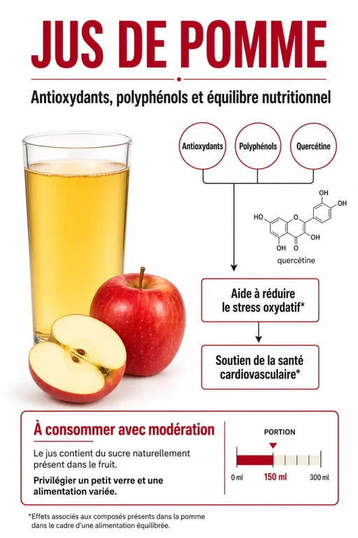 Infographie sur les jus de pommes bienfaits : antioxydants, hydratation et modération