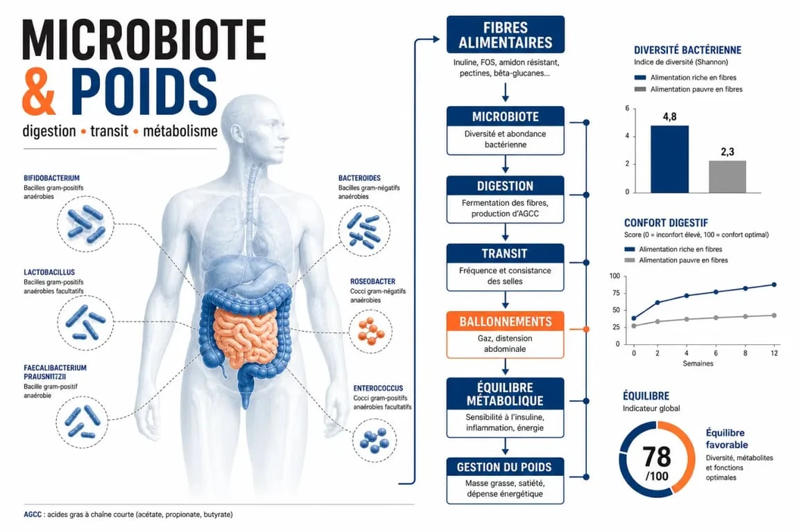 Probiotiques pour maigrir : schéma du microbiote, de la digestion et du poids