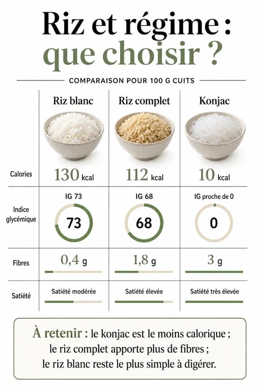 Riz et regime : infographie comparative du riz blanc, complet et konjac