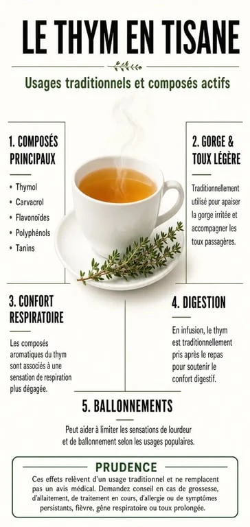 Bienfait du thym en tisane : infographie sur les composés, les usages respiratoires et digestifs, et les précautions