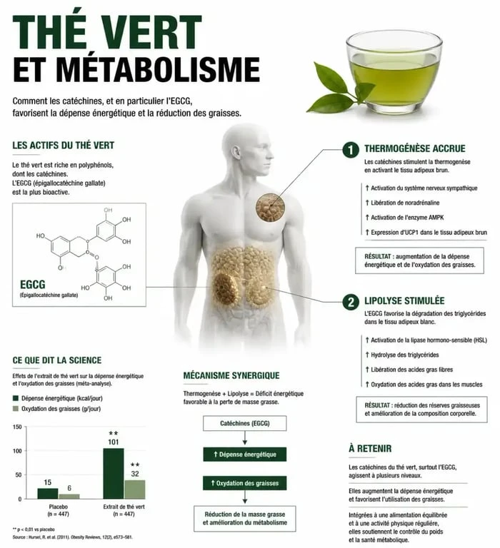 Infographie scientifique expliquant comment le thé aide à maigrir via les catéchines et l'EGCG