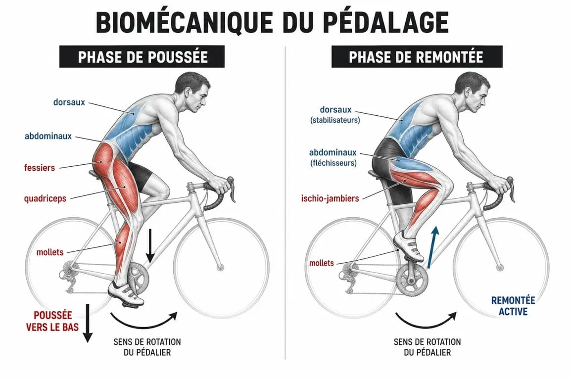 Muscle velo : schéma anatomique du pédalage montrant les quadriceps, ischio-jambiers, fessiers et mollets
