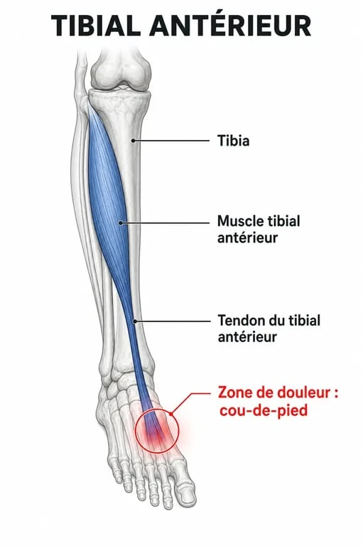 Schéma anatomique du muscle tibial antérieur et localisation de la tendinite du releveur du pied