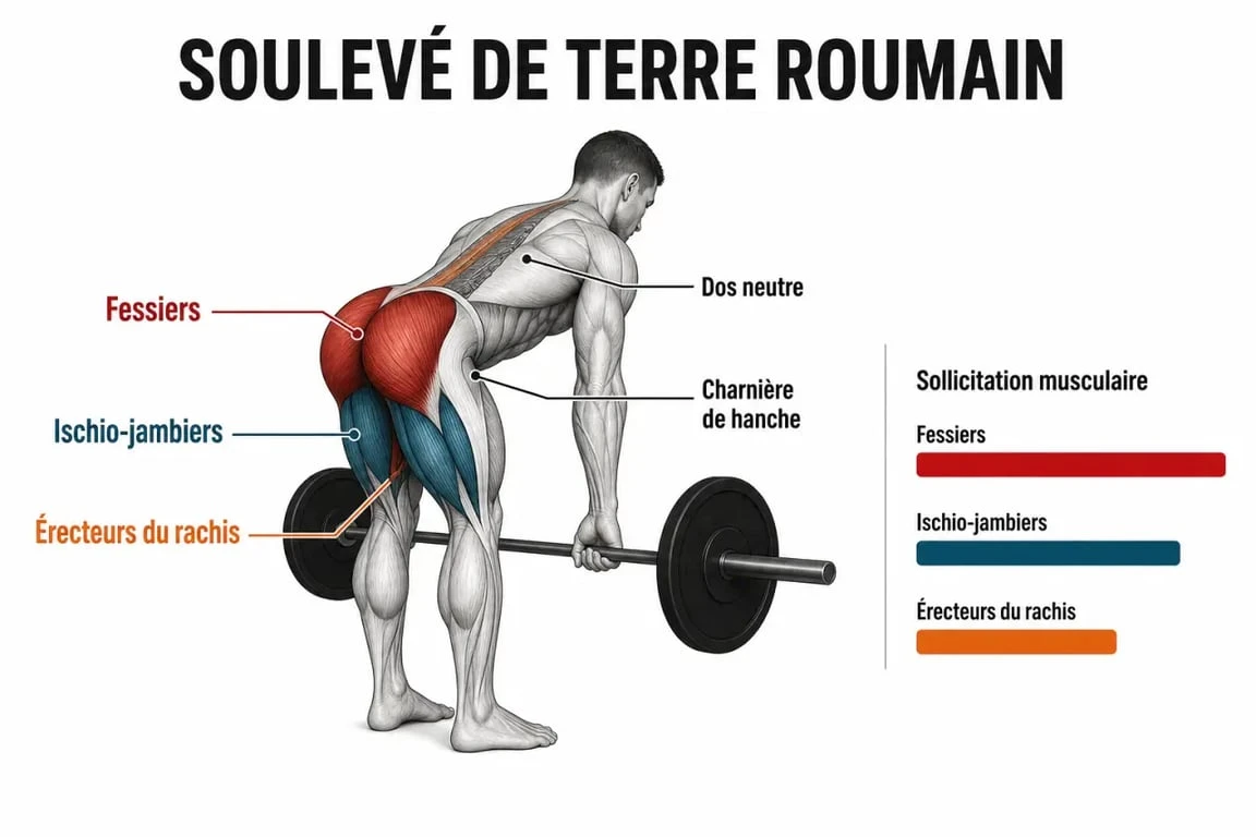 Schéma anatomique des muscles sollicités lors du soulevé de terre roumain
