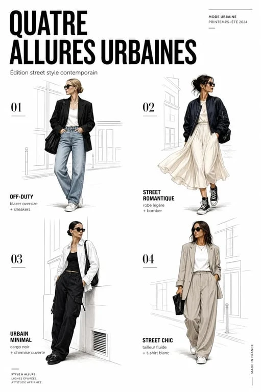 Style street : quatre looks urbains inspirants en composition éditoriale