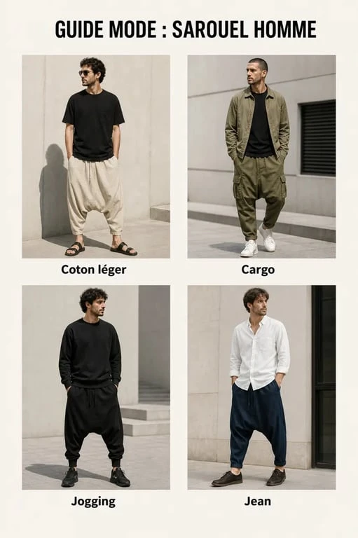 Sarouel homme : quatre styles de pantalon sarouel pour homme présentés en tenue urbaine et décontractée