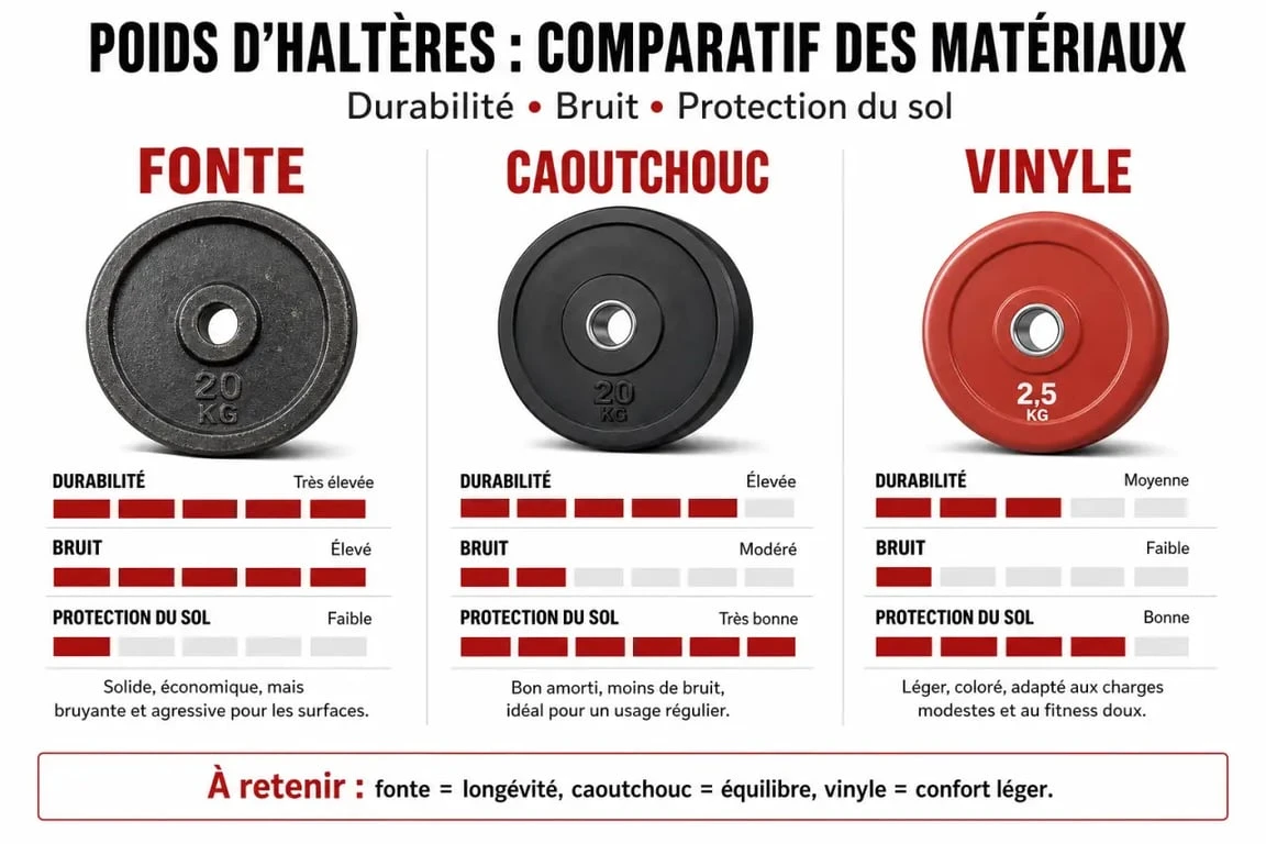 Comparatif des matériaux pour poids d'haltère : fonte, caoutchouc et vinyle pour le choix de votre équipement de musculation