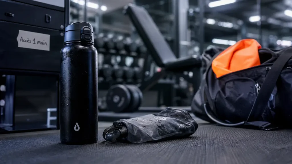 Gourde sport anti-fuite acier inox sur tapis de sport