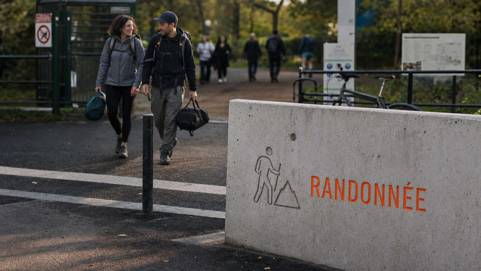 Le sport le plus pratiqué en France : randonnée indiquée par un panneau, marche en ville.