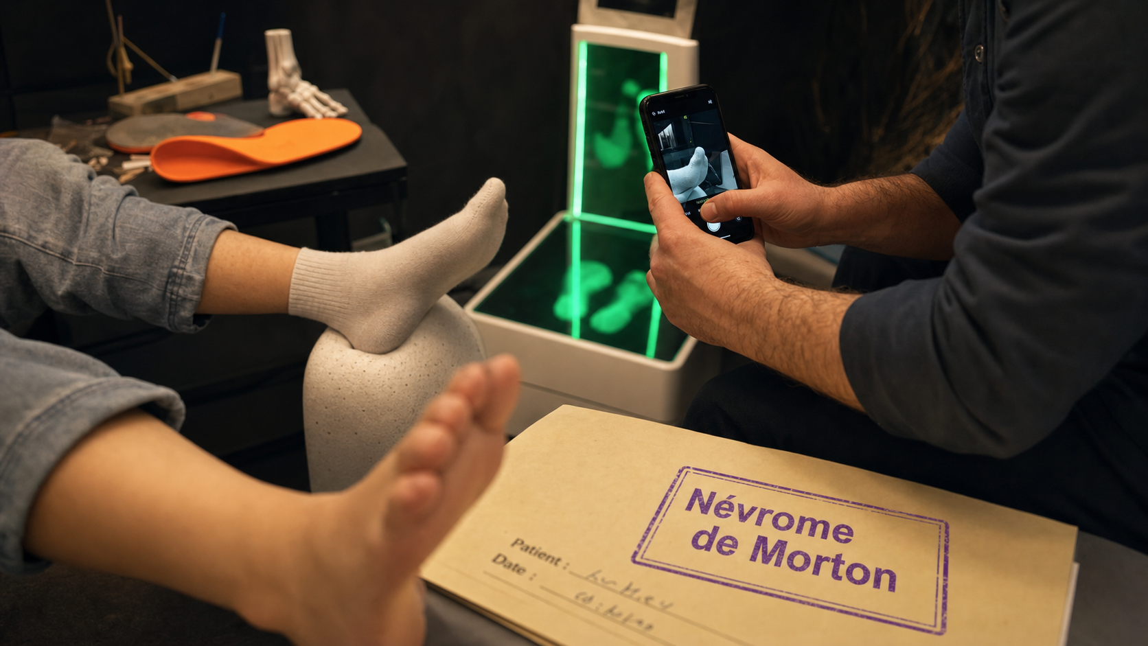 Maladie de morton : podologue examine un pied douloureux
